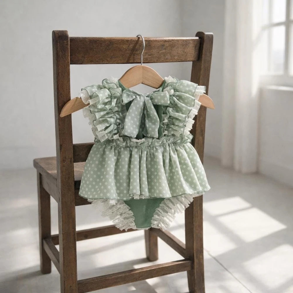 Vintage Newborn Photo Sage Green Polka Dot Ruffle Romper Onesie Dress