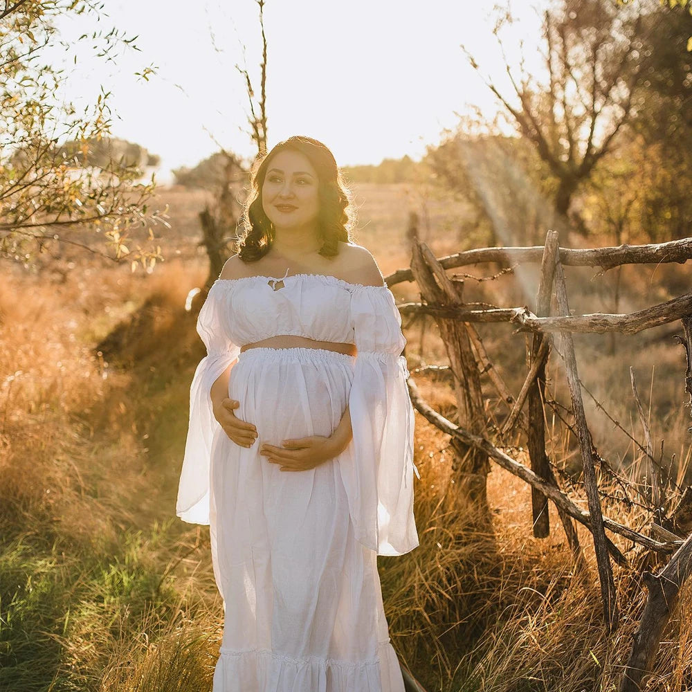 Maternity Linen Cotton Long Sleeved One Shoulder Elegant Two-piece Set Dress