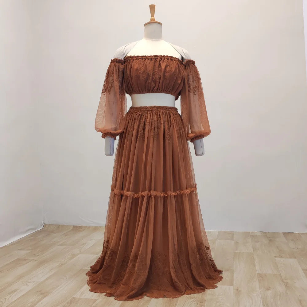 Bohemian Photo Shooting Pregnancy Dress Elegant Gowns Soft Encrypted Mesh Embroidery Lace Flowers Off Shoulder Dresses