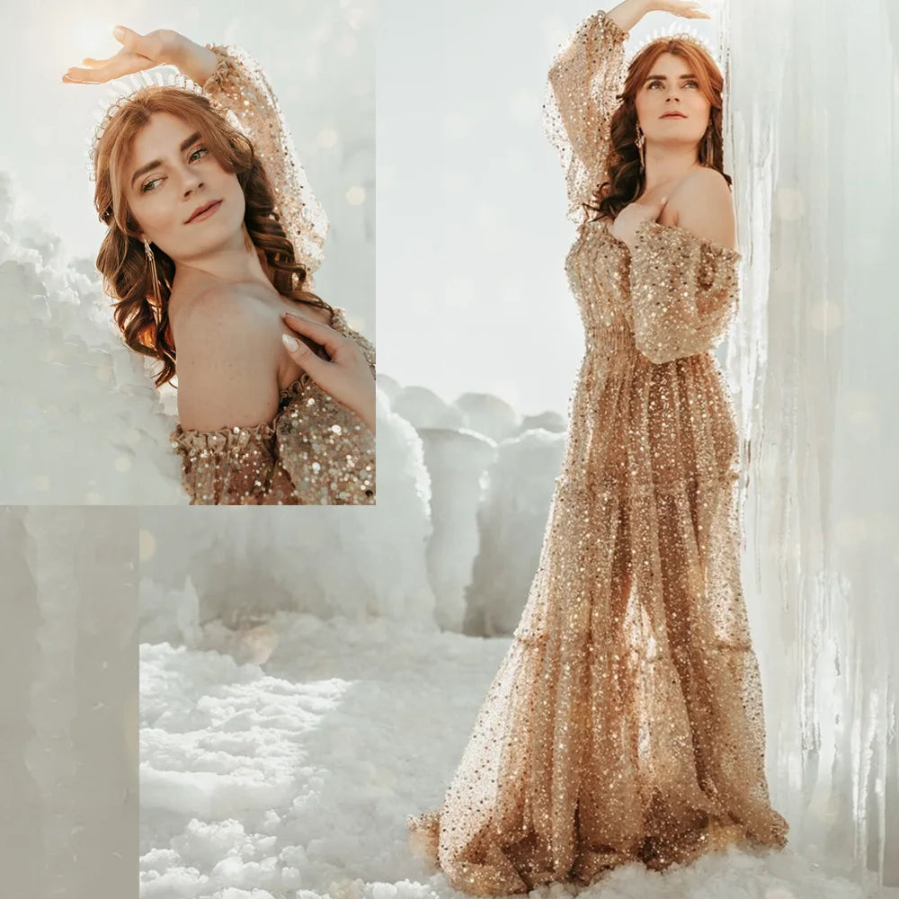 Brown Pearl Sequin Transparent Mesh One Shoulder Dress Maternity Dress Photoshoot Props Pregnant Women Photography Dress