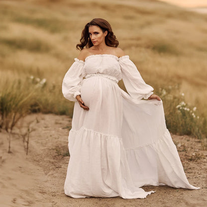Maternity Bohemian Comfortable Wear Linen Cotton Retro Off Shoulder Top Large Skirt Hem