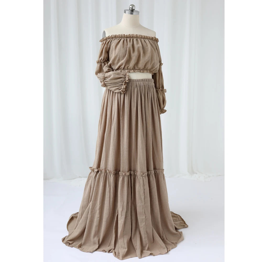 Maternity Comfortable Linen Cotton One Shoulder Two-piece Set Bohemian
