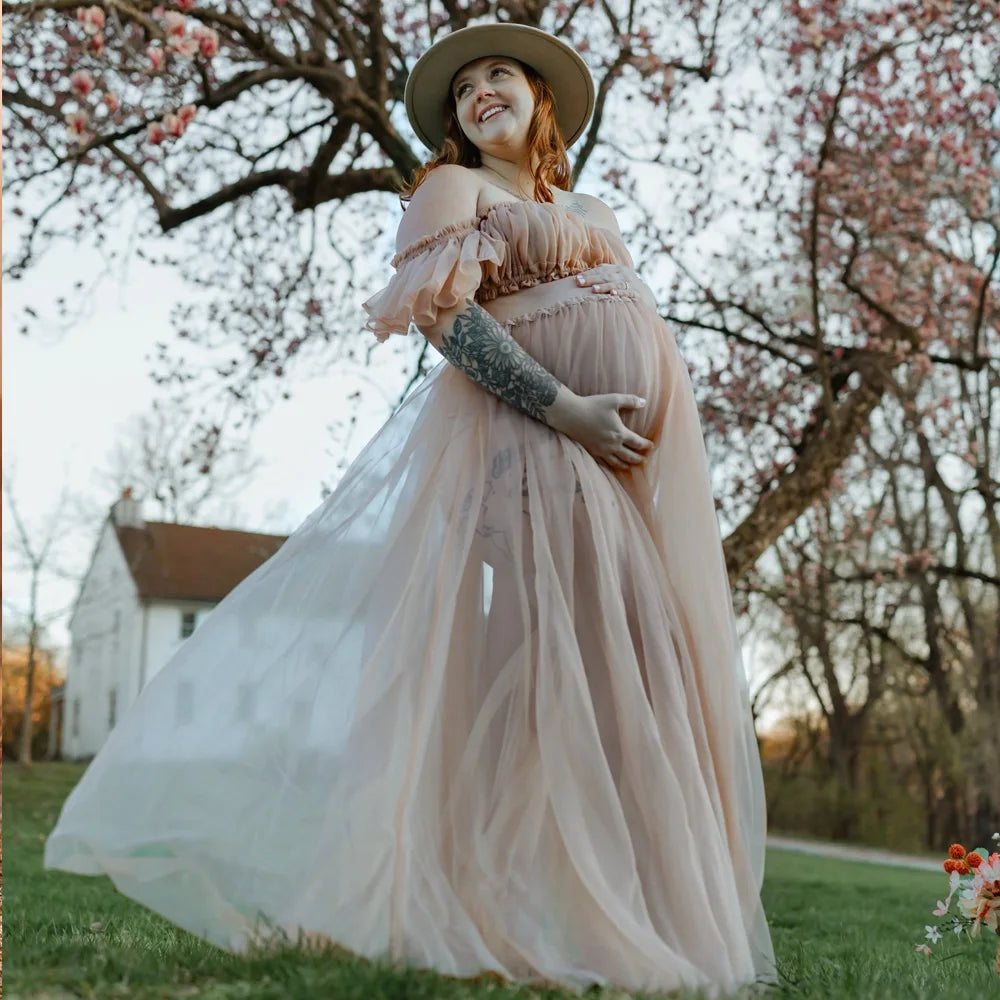 Photography Dress For Women Maternity Gown For Photo Shoot Transparent Chiffon Off Shoulder Ruffle Sleeves Two-piece Dress