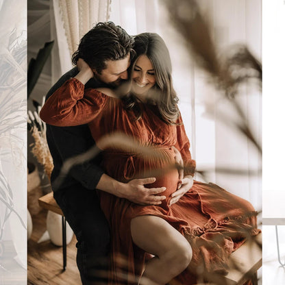 Maternity Comfortable Linen Cotton Two-piece Set Long Sleeved Short Top Lace Up Floor Mop Dress Bohemian Style Photo