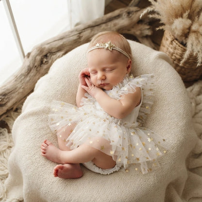 Elegant Baby White Star Tulle Romper Newborn Princess Posing Onesie