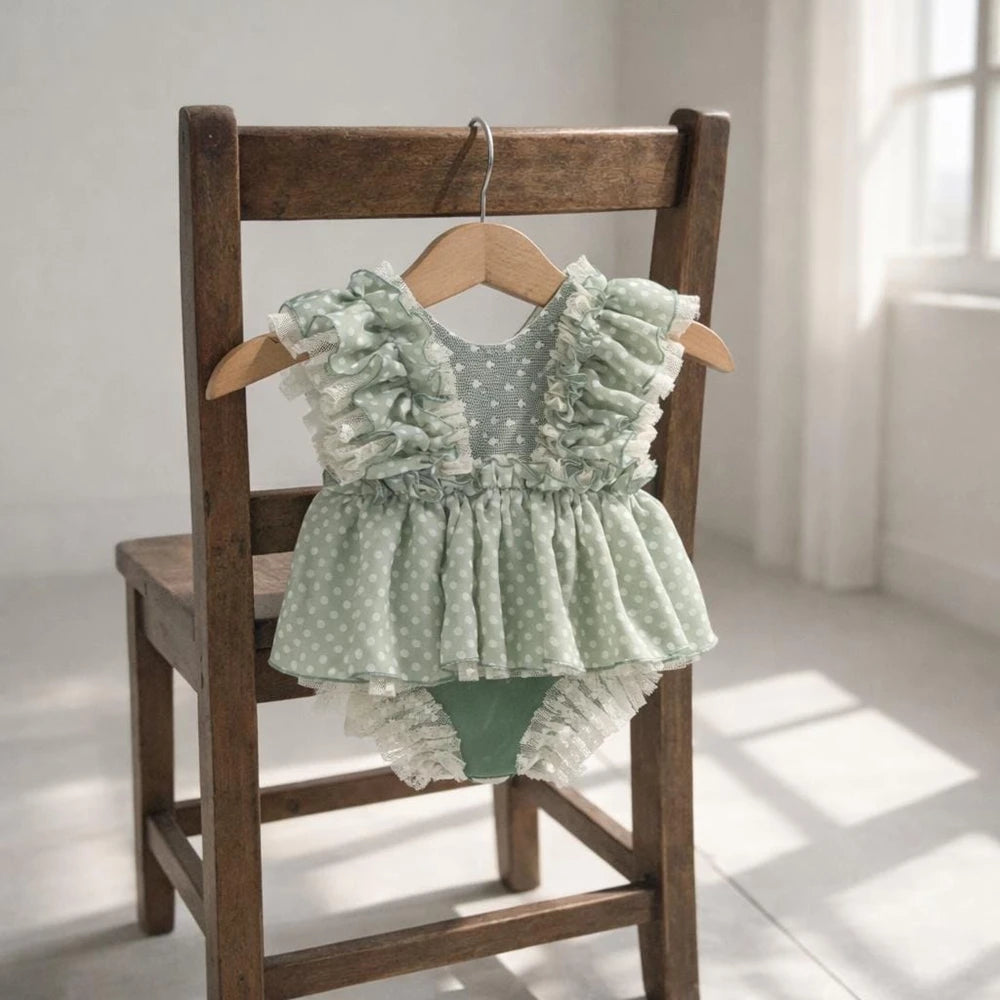 Vintage Newborn Photo Sage Green Polka Dot Ruffle Romper Onesie Dress