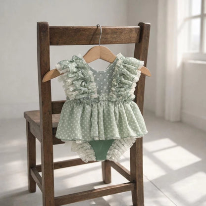 Vintage Newborn Photo Sage Green Polka Dot Ruffle Romper Onesie Dress