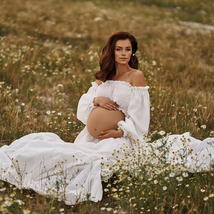 Maternity Bohemian Comfortable Wear Linen Cotton Retro Off Shoulder Top Large Skirt Hem
