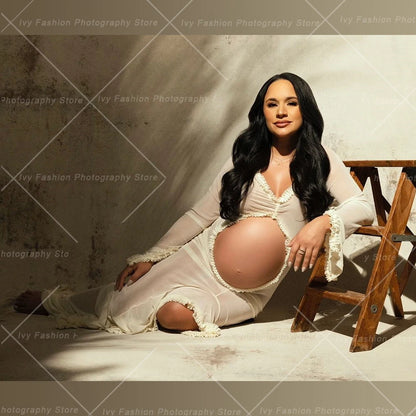 Maternity Dress Gown Transparent Ruffle Woman Belly Hollowed Out Long Sleeved Baby Shower