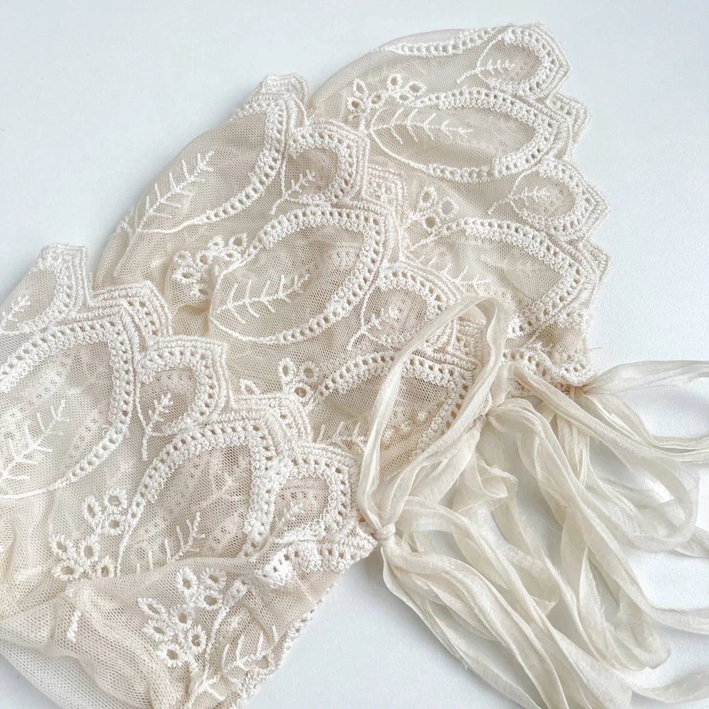 Lace Bonnet Baby Tie Knot Headband Vintage Floral Embroidery Newborn Set