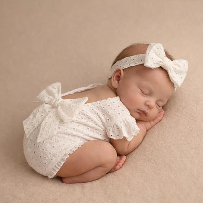 Newborn Baby Girl Eyelet Ruffled Romper Back Bow Matching Headband Photo