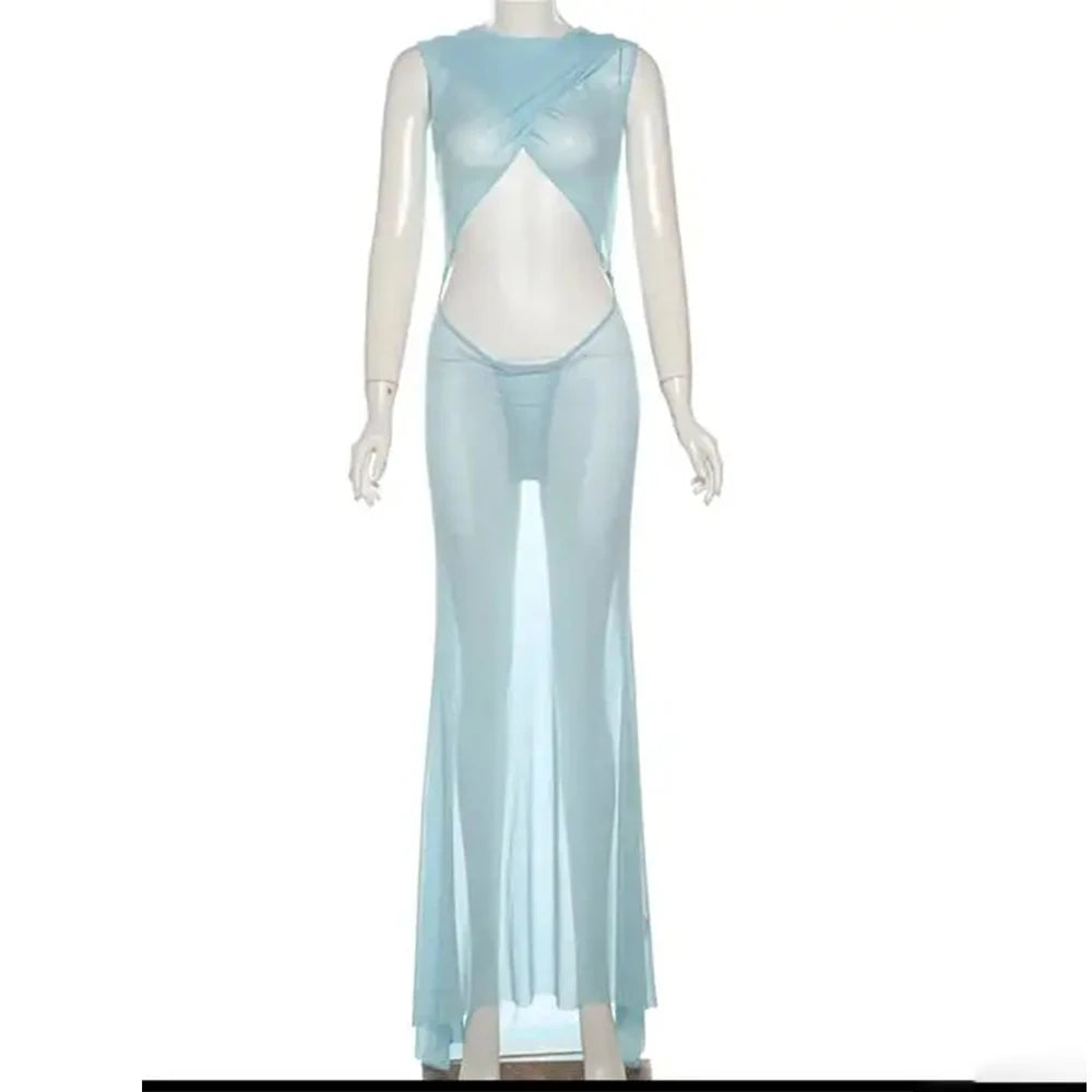 Maternity Sky Blue Sheer Gowns Comfortable Stretch Mesh Open Front Back