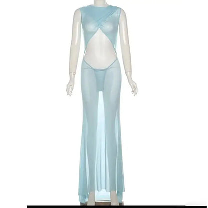 Maternity Sky Blue Sheer Gowns Comfortable Stretch Mesh Open Front Back
