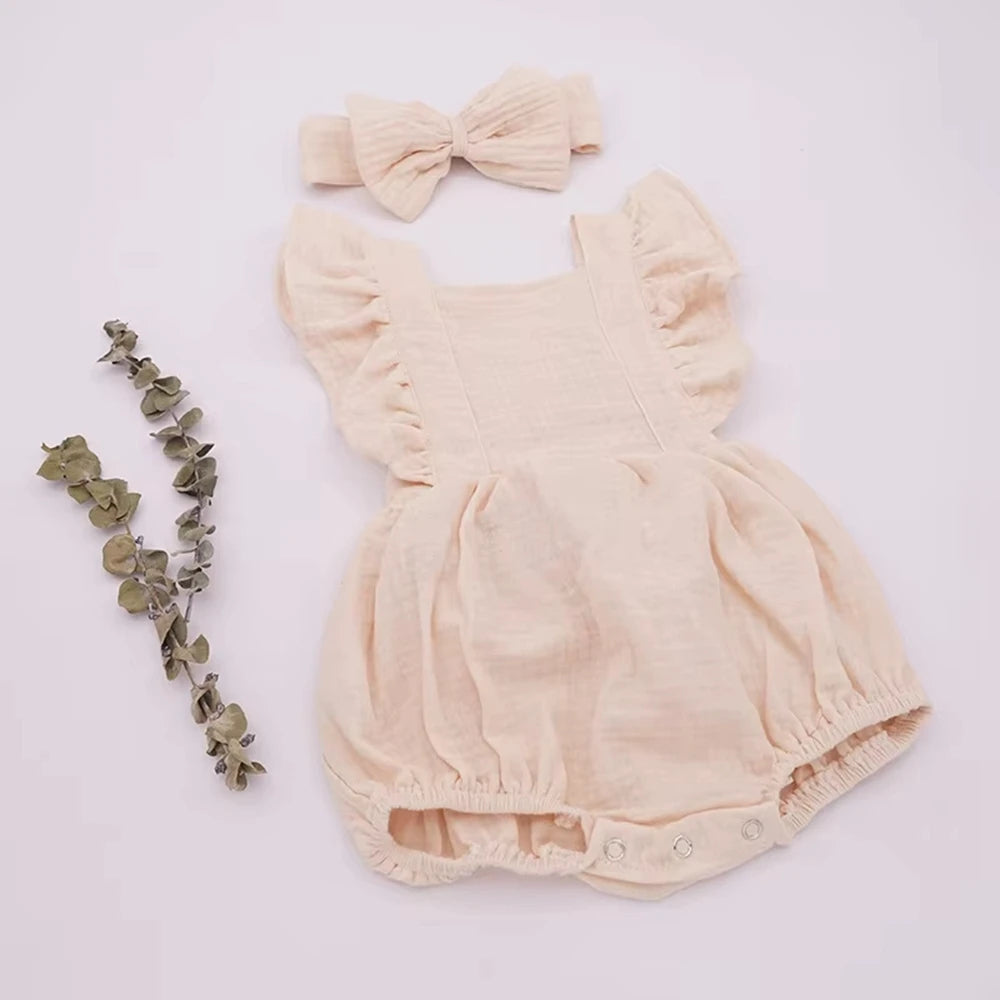 Personalized Baby Girl Muslin Romper Ruffle Shoulders Custom Name Embroidery Bow Headband