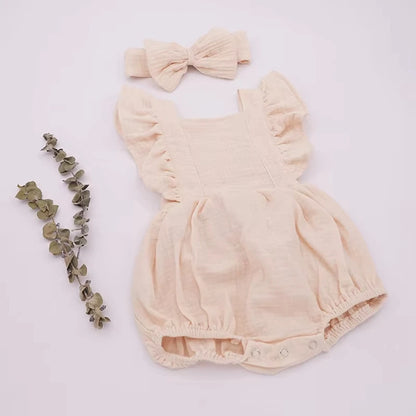 Personalized Baby Girl Muslin Romper Ruffle Shoulders Custom Name Embroidery Bow Headband