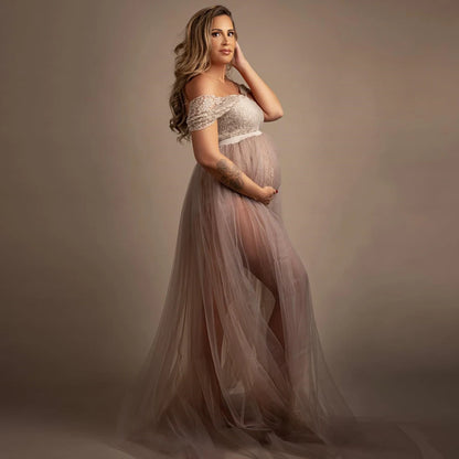 Maternity Bohemian Lace Bodysuit Tulle Long Dress Boho Style