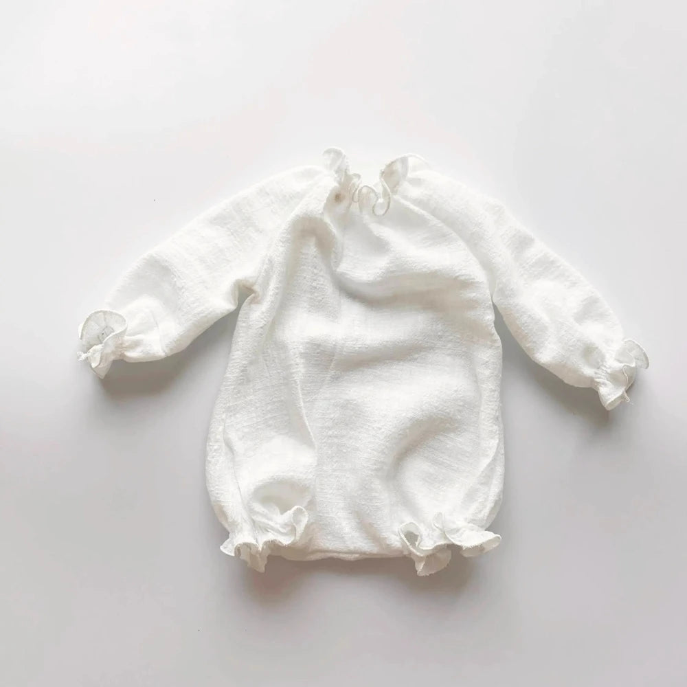 Vintage Newborn White Long Sleeve Romper Back Cutout Ruffle Detail Baby
