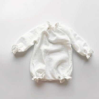 Vintage Newborn White Long Sleeve Romper Back Cutout Ruffle Detail Baby