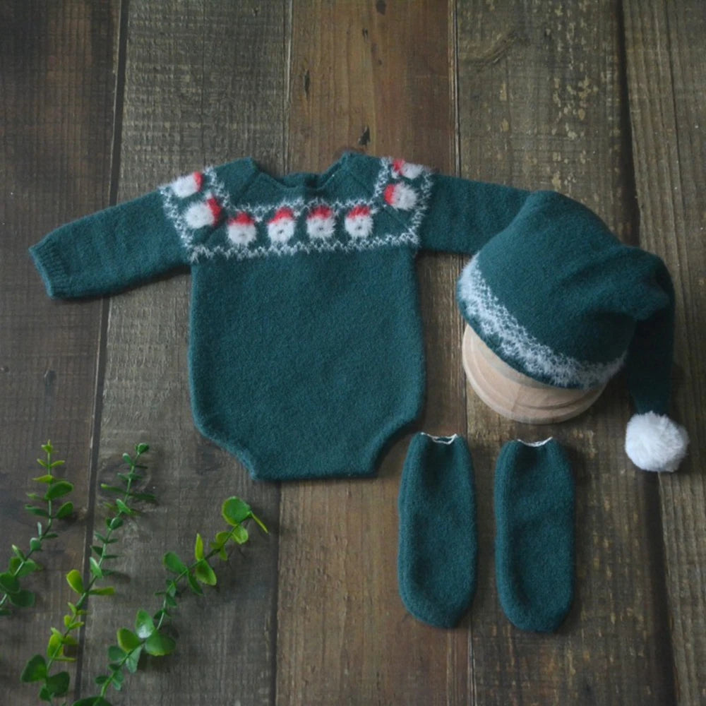 Green Christmas Knit Newborn Santa Sweater Hat Set Baby Holiday Studio Boutique Costume