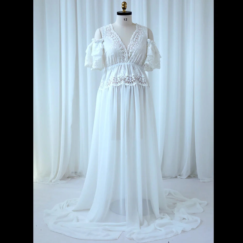 Maternity Elegant V-neck Embroidered Cotton Lace Chiffon Dress