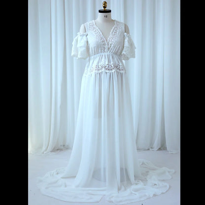 Maternity Elegant V-neck Embroidered Cotton Lace Chiffon Dress