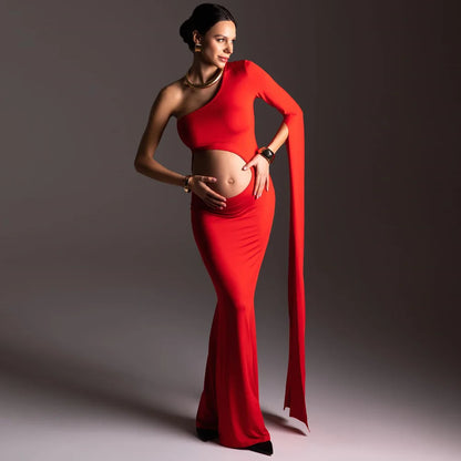 Maternity Baby Showers Hollow Out Design Red Dress One Shoulder Extra Long Sleeves
