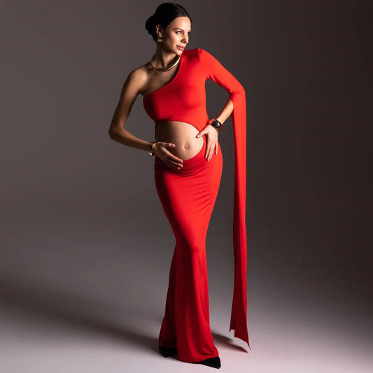 Maternity Baby Showers Hollow Out Design Red Dress One Shoulder Extra Long Sleeves