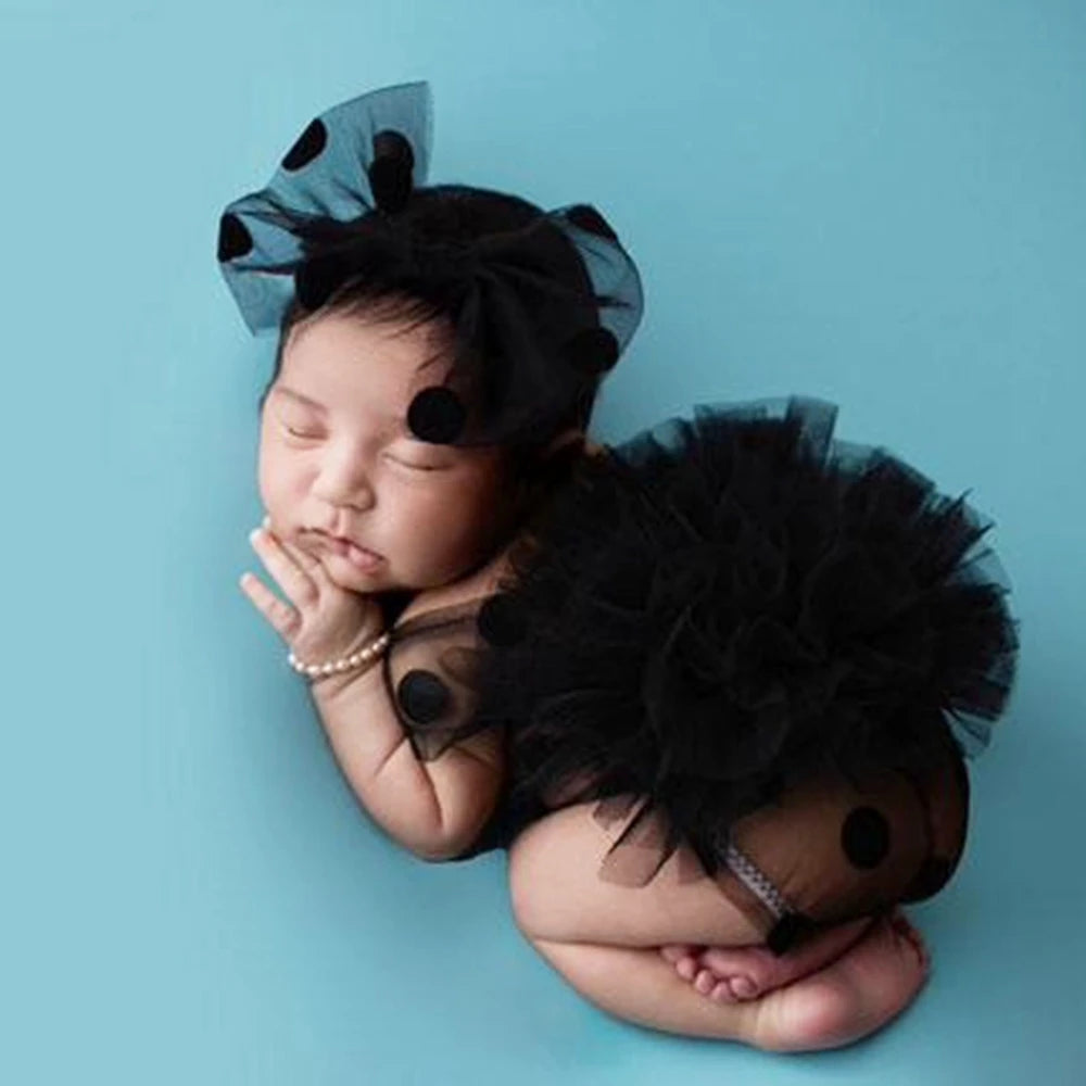 Black Polka Dot Tutu Romper Newborn Baby Girl Tulle Skirt Bow Headband Professional Studio Photos