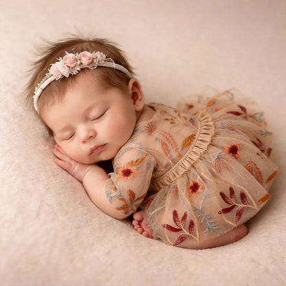 Newborn Girl Dress Embroidered Floral Tulle Boho Newborn Set