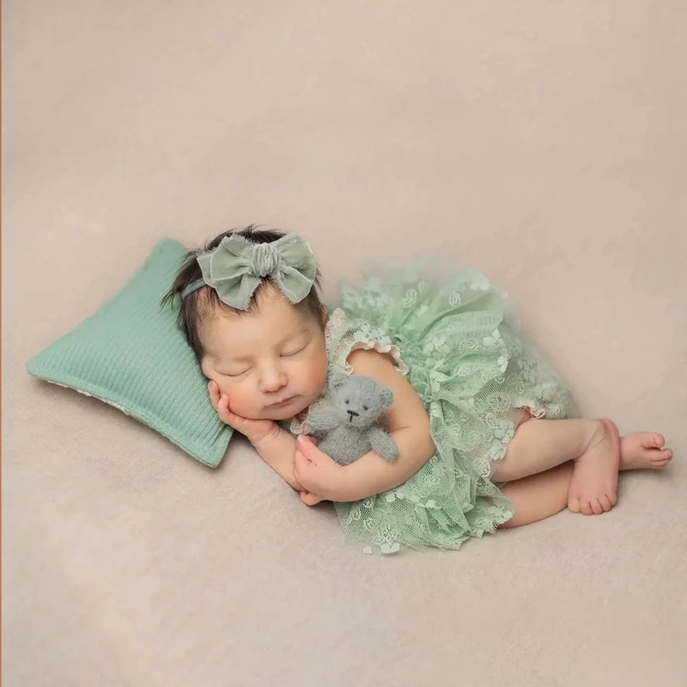 Sage Green Baby Newborn Girl Lace Romper Vintage Dress