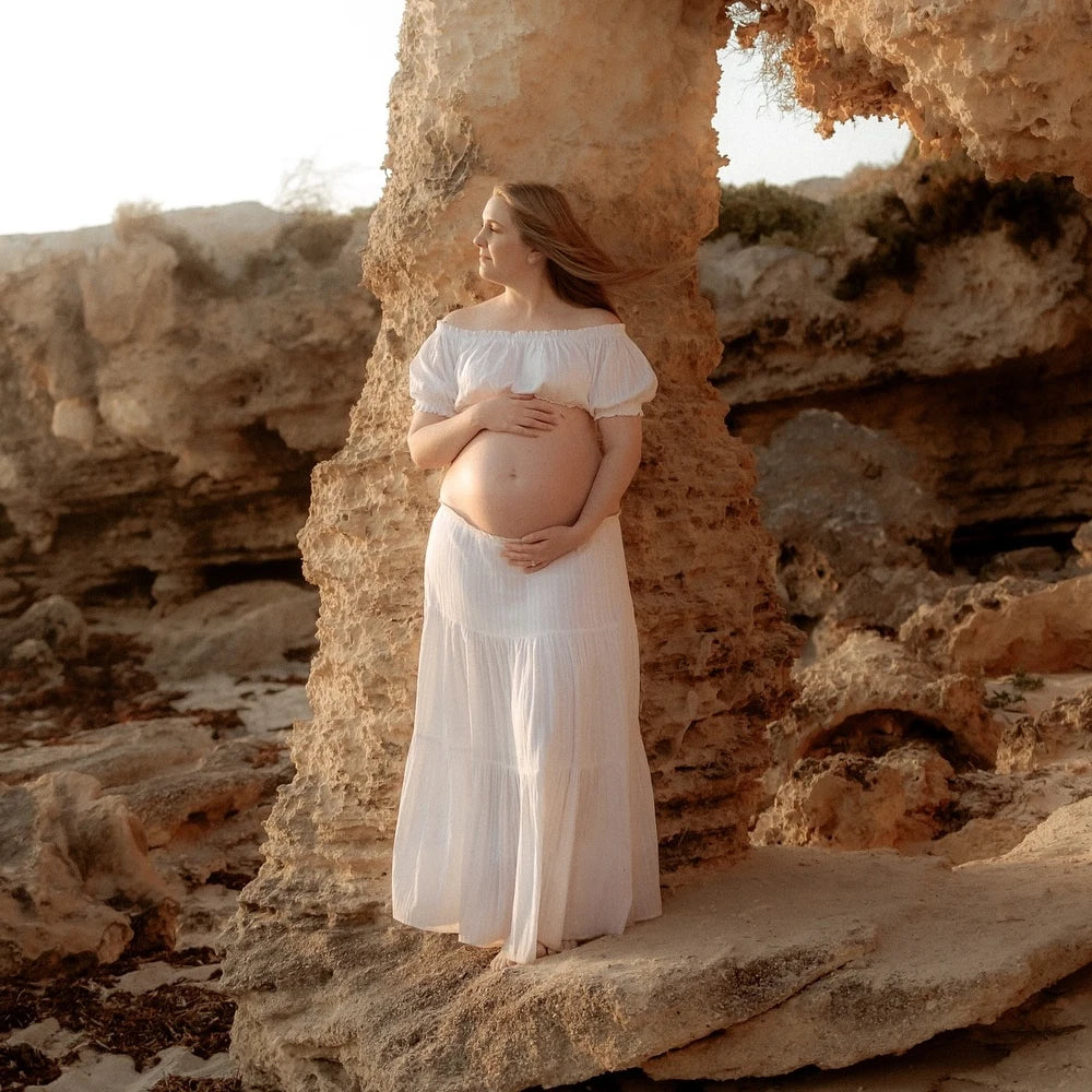 Maternity Comfortable Linen Cotton Dress One Shoulder Short Sleeved Two-piece Set Ankle Length Skirt