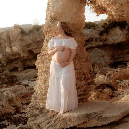 Maternity Comfortable Linen Cotton Dress One Shoulder Short Sleeved Two-piece Set Ankle Length Skirt