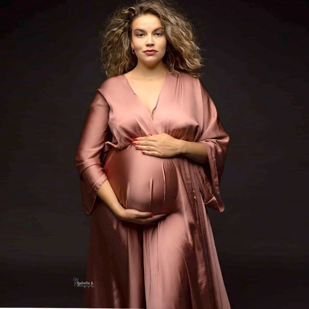 Maternity Elegant Soft Satin Chiffon Long Sleeved Dress Bohemian