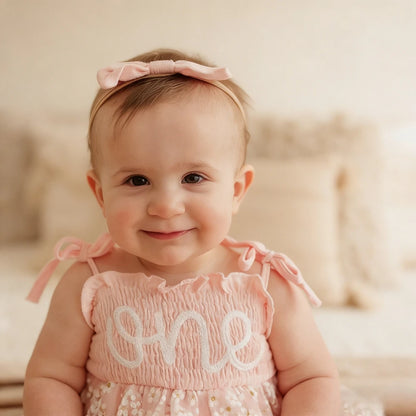 Pink Floral Embroidered One Year Birthday Baby Girl Dress Bow Headband Smocked Tulle Newborn Set