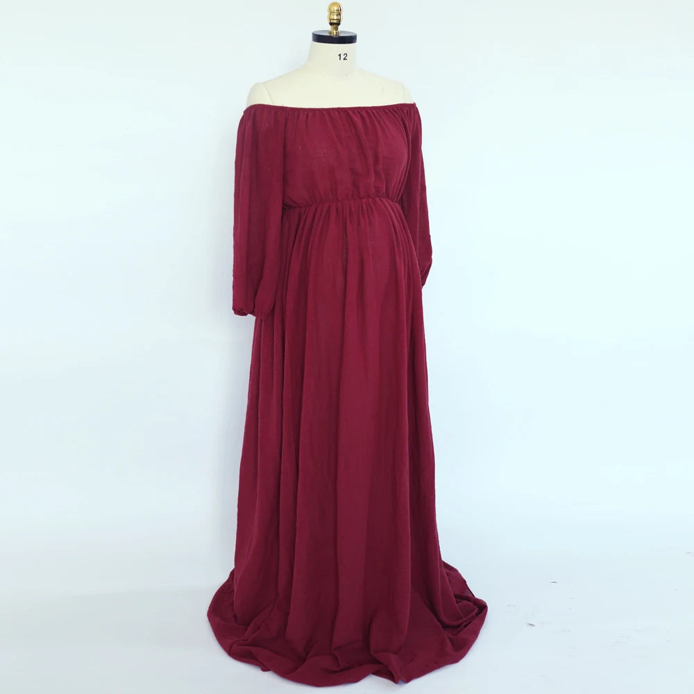 Maternity Bohemian Dress Comfort Linen Cotton One Shoulder Boho Style Baby Shower