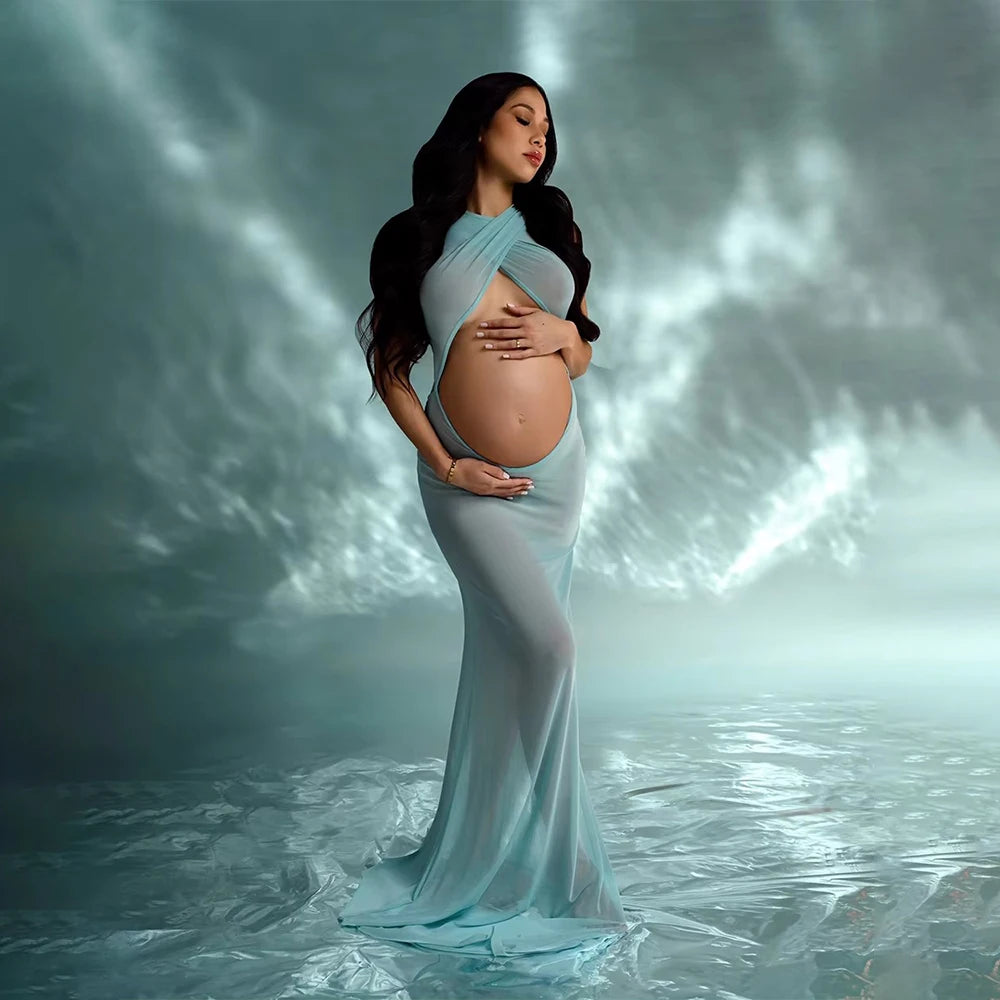 Maternity Sky Blue Sheer Gowns Comfortable Stretch Mesh Open Front Back