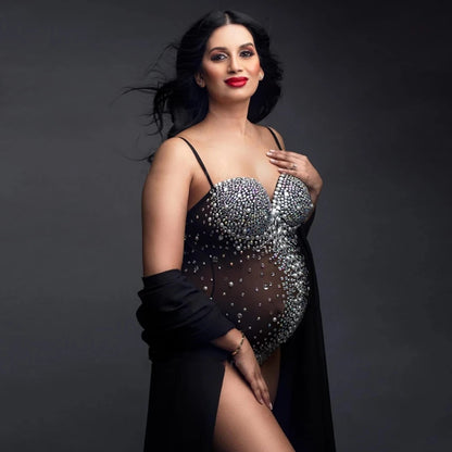 Maternity Luxurious Bodysuit Rhinestones Pearls Stretch Spandex Jumpsuit