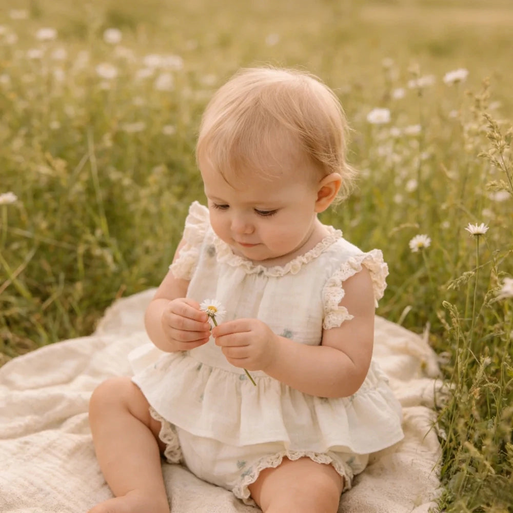 Baby Girl Romper Set Cream White Floral Embroidered Ruffle Shorts Outdoor Field Maternity Sibling