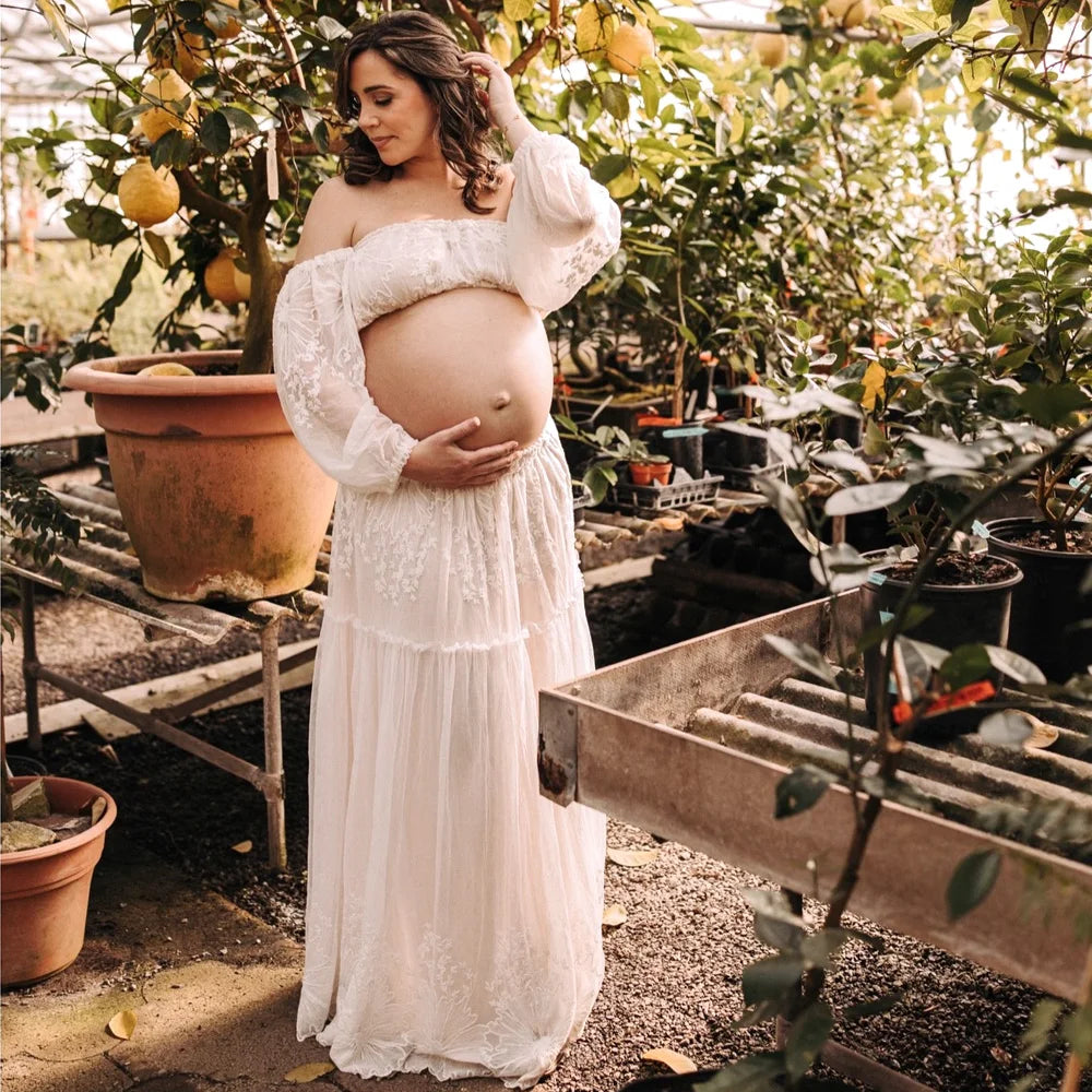 Bohemian Photo Shooting Pregnancy Dress Elegant Gowns Soft Encrypted Mesh Embroidery Lace Flowers Off Shoulder Dresses