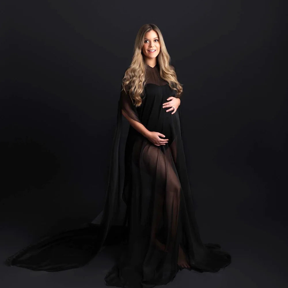 Maternity Translucent Black Chiffon Cloak Cape Dress