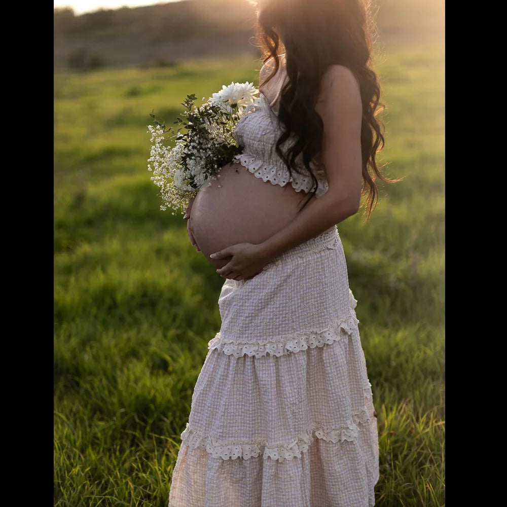 Maternity Dresses For Baby Showers Embroidered Checkered Strapless Two-piece Lace Cake Dress  Pregnancy Photography Outfit