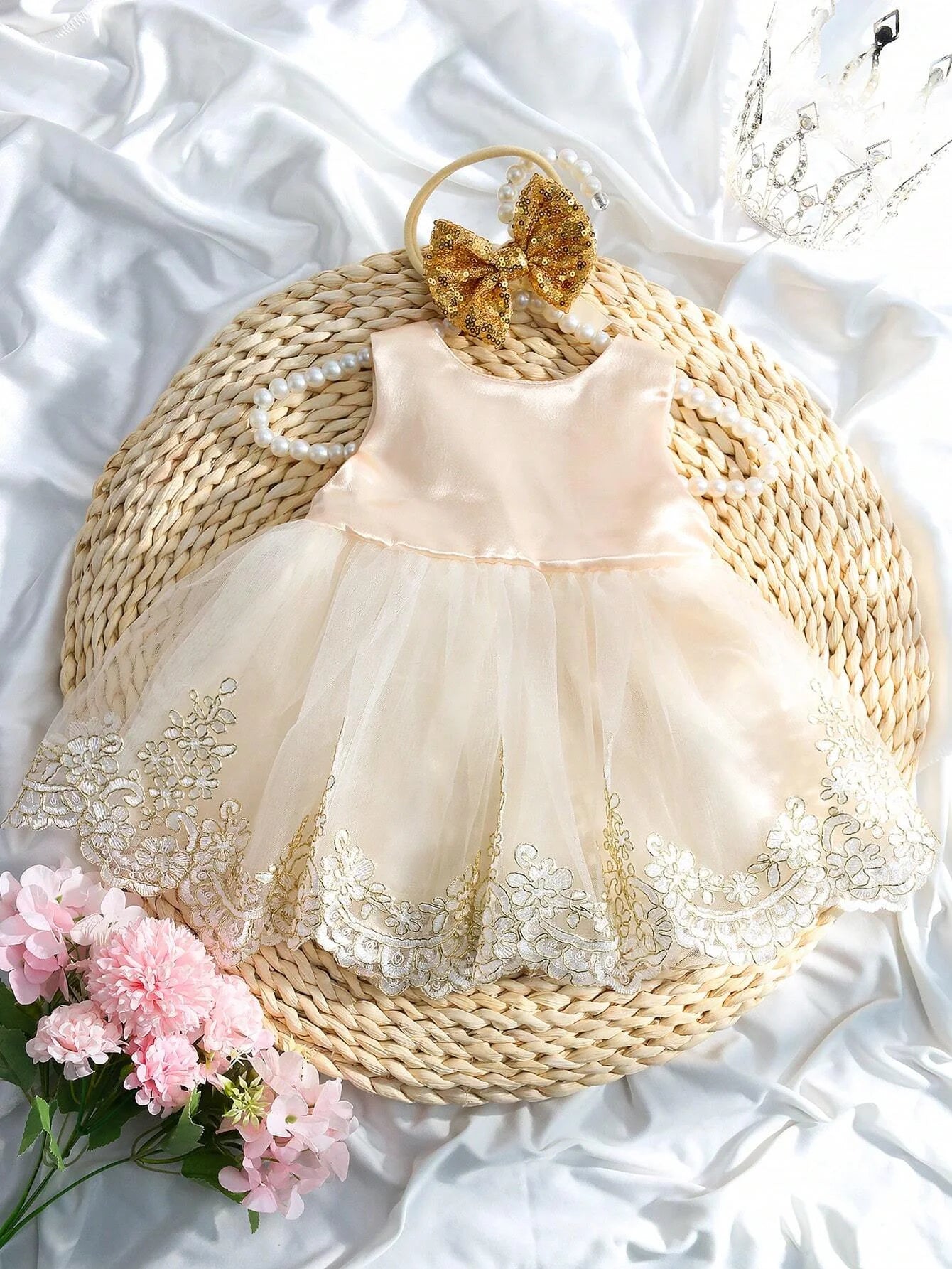 2pcs Newborn Set Baby Girls Princess Embroidered Mesh Dress Bowknot Lace Skirt
