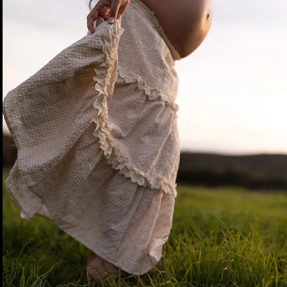 Maternity Dresses For Baby Showers Embroidered Checkered Strapless Two-piece Lace Cake Dress  Pregnancy Photography Outfit