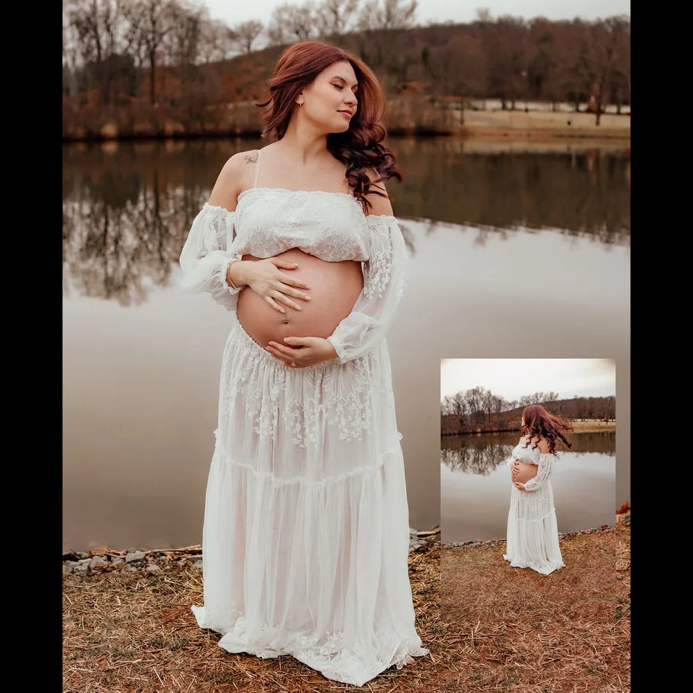 Bohemian Photo Shooting Pregnancy Dress Elegant Gowns Soft Encrypted Mesh Embroidery Lace Flowers Off Shoulder Dresses