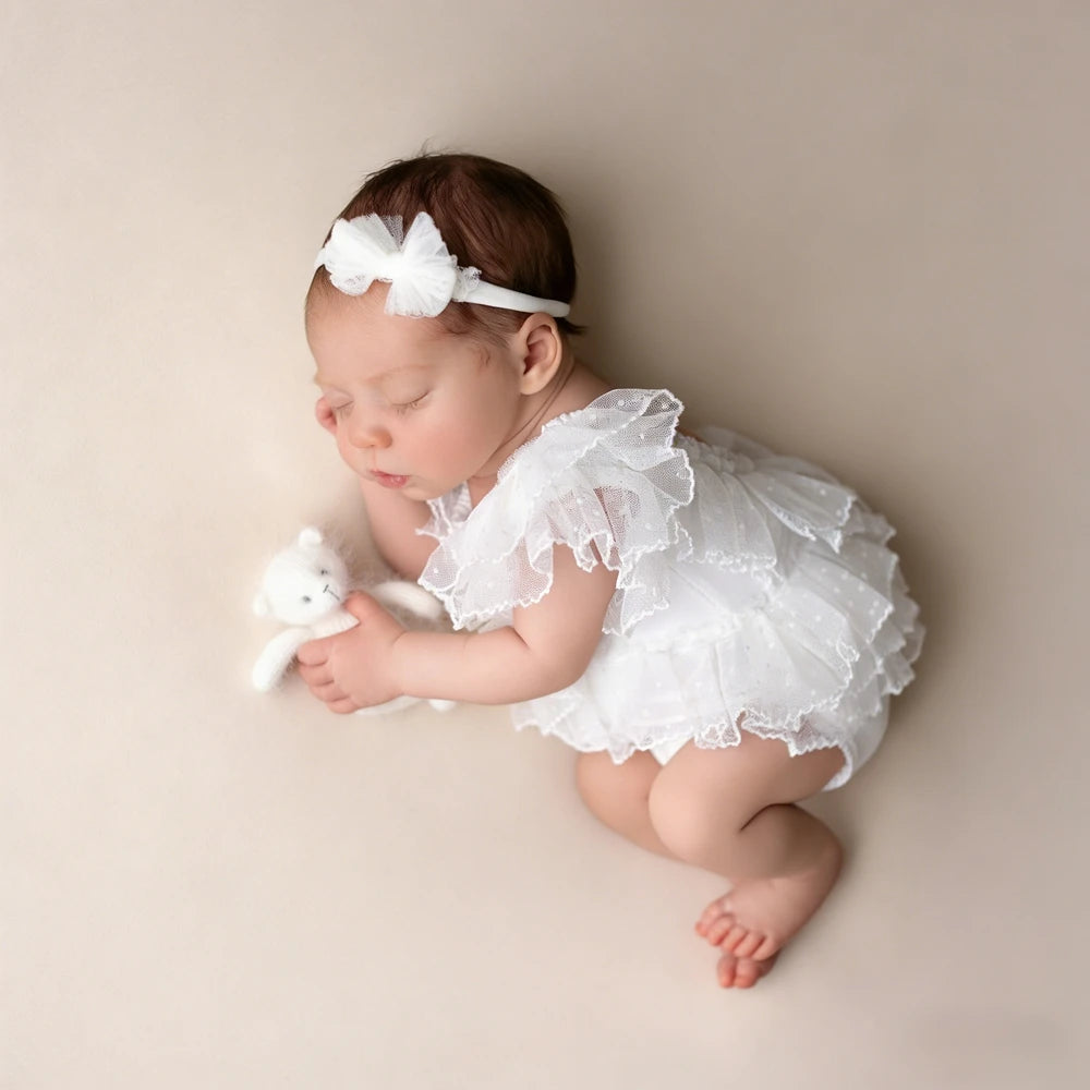 Baby Girl White Ruffle Romper Bow Headband Tulle Layered