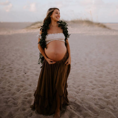 Maternity Knitted Bra Linen Cotton Three-layer Lace Boho Style Dress Two-piece Set