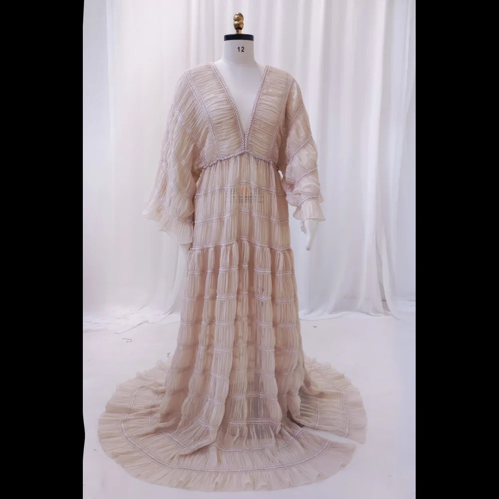 Maternity Bohemian Fluffy Tulle Robes Long Sleeved V-neck Elegant Lace Dress