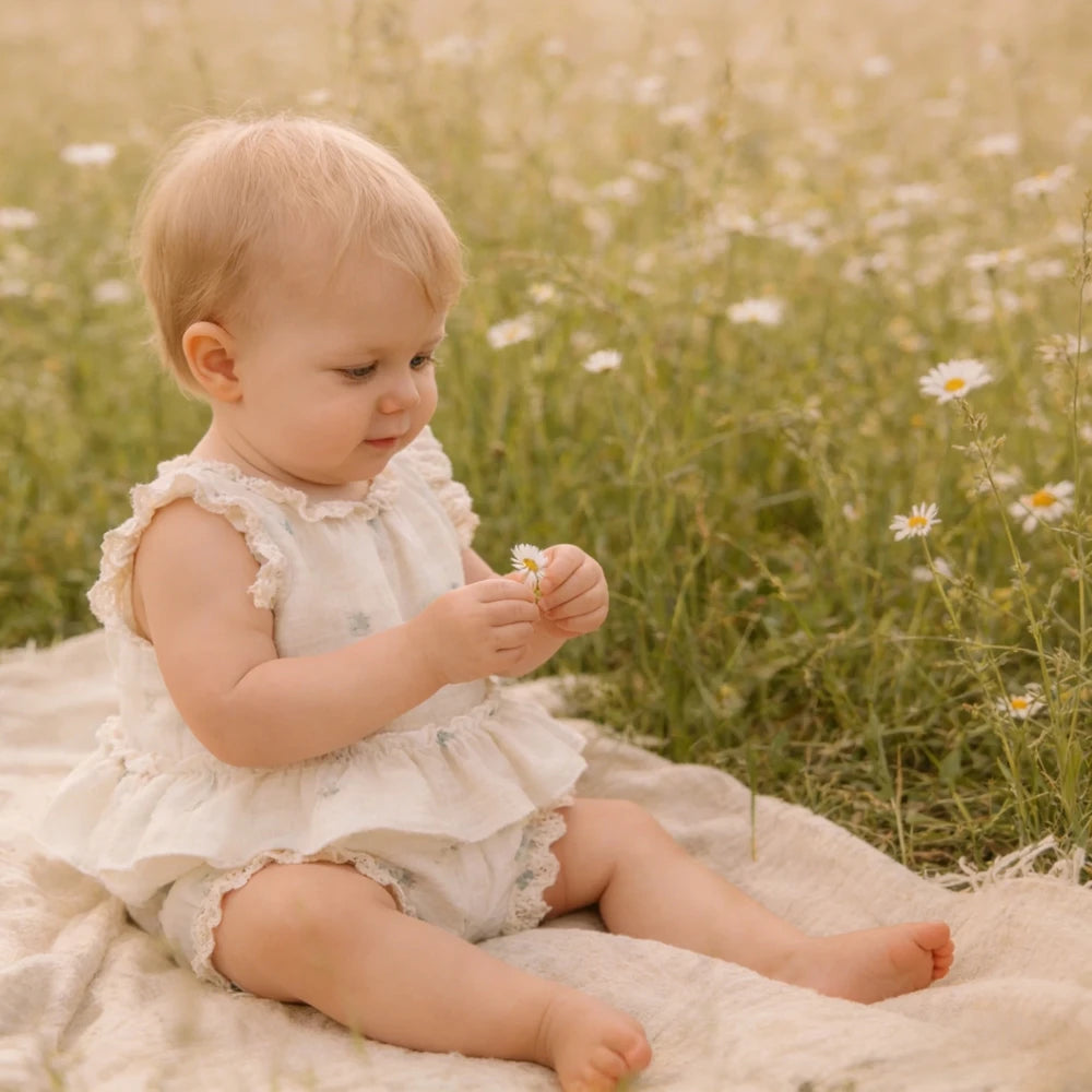 Baby Girl Romper Set Cream White Floral Embroidered Ruffle Shorts Outdoor Field Maternity Sibling