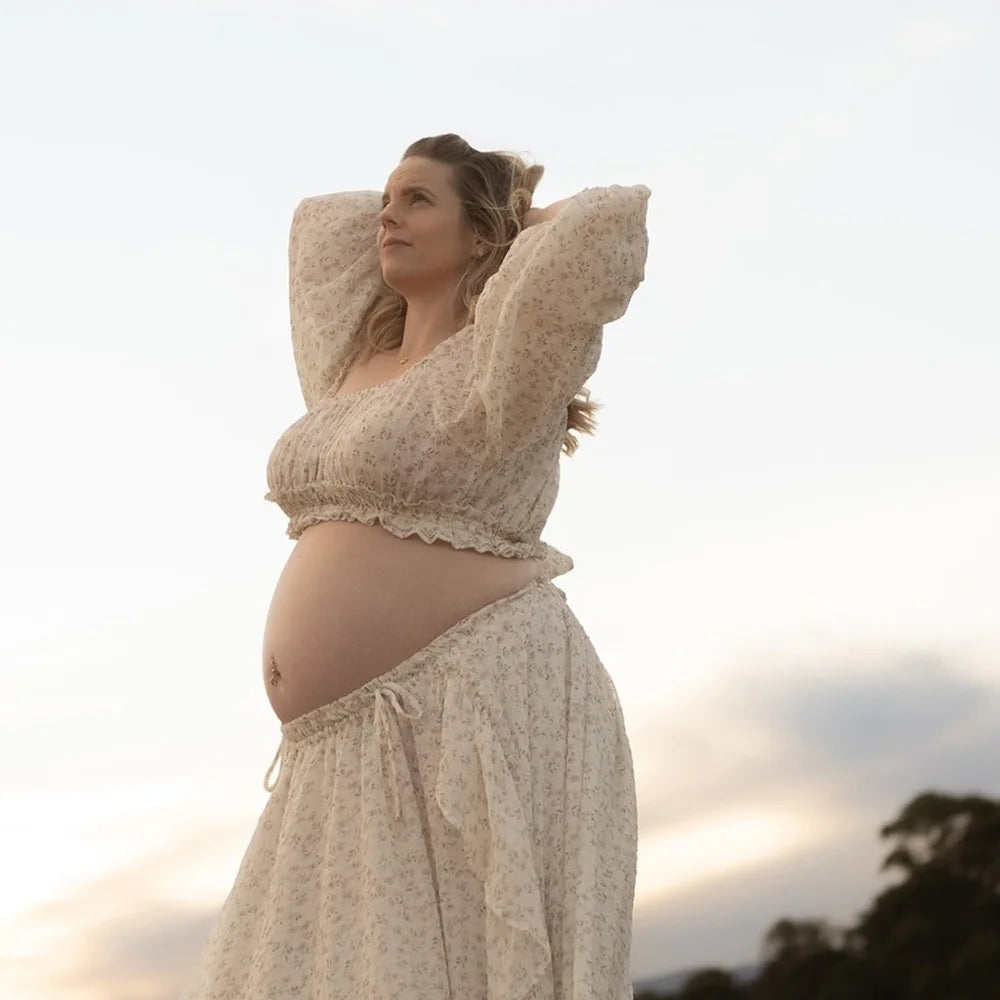 Floral Chiffon Maternity Two-Piece Set Dress Bohemian Photo Shooting Pregnancy Dress Photo Shoot Pregnant Dress For Women