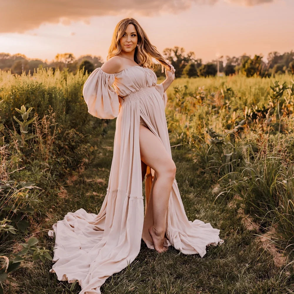 Bohemian Photo Shooting Pregnancy Dress Linen Cotton Off Shoulder Long Sleeved Floor Length Dress Flying Dress For Photography